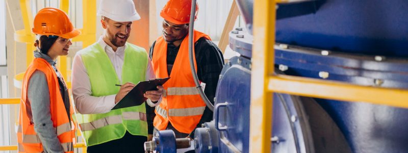 Three people discussing a plan at a factory